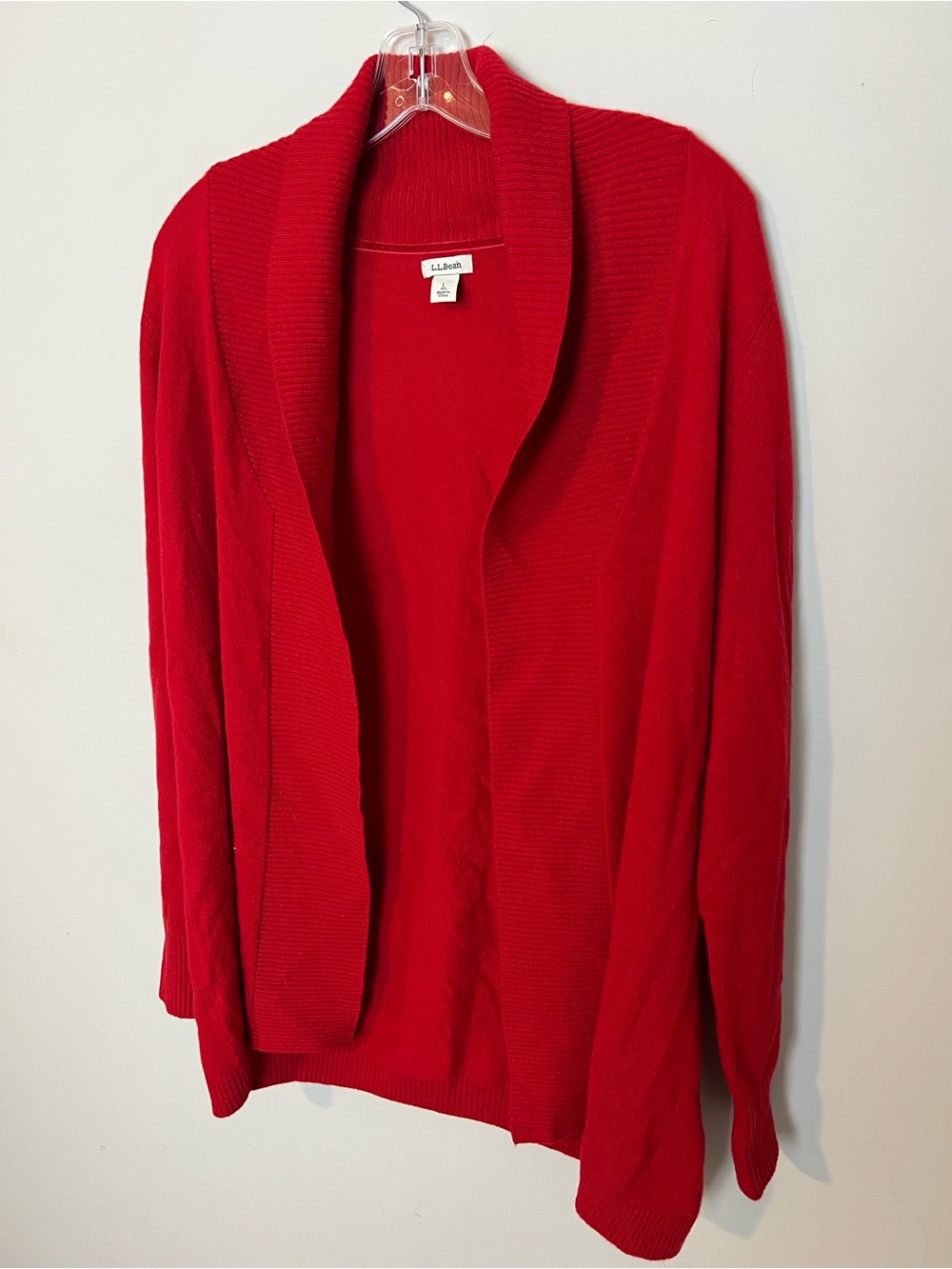 L.L.Bean 100% Cashmere Cardigan Sweater Red L Shawl Collar Open Front Luxury